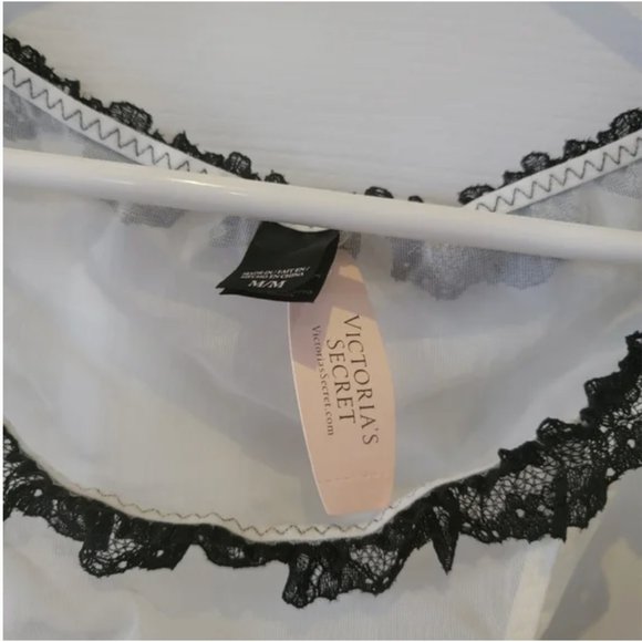 Victoria's Secret white sheer black lace trim teddy sleepwear underwear set M nw - Picture 7 of 8